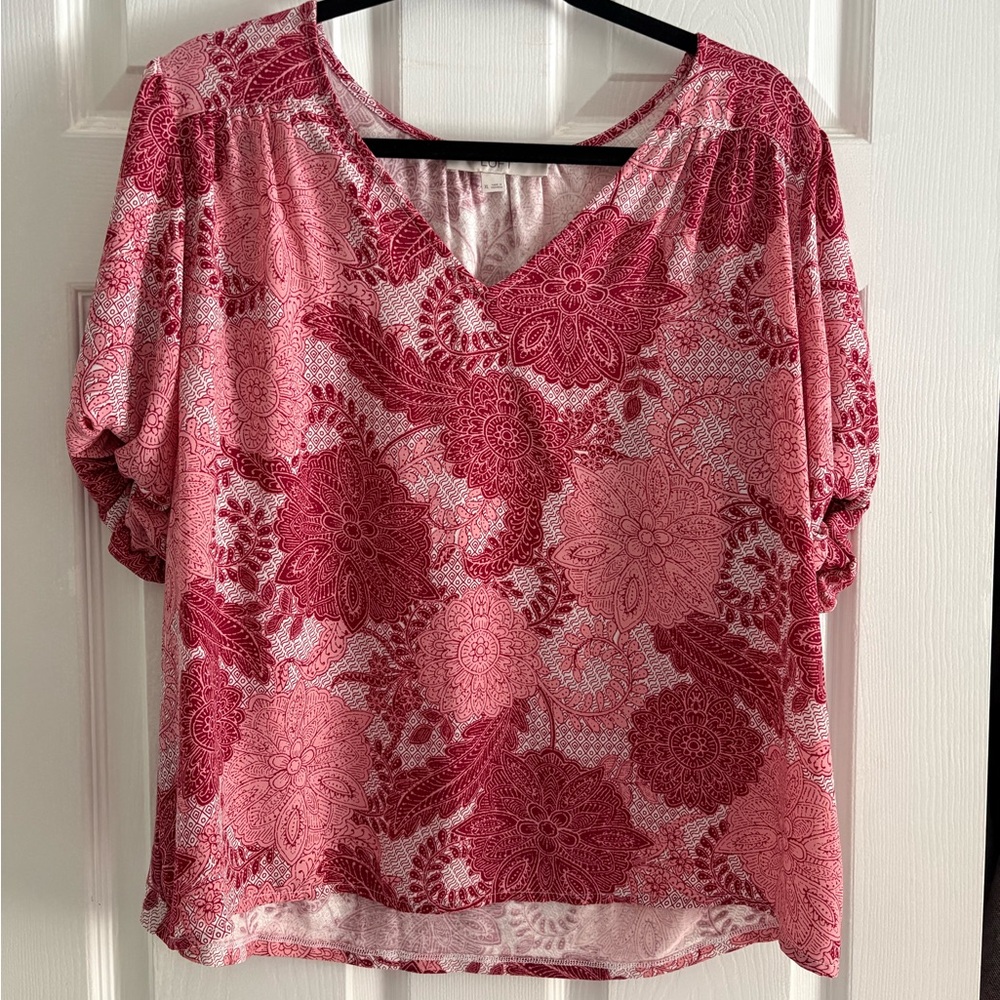 LOFT Floral V-Neck Blouse | Pink & Red | Puff Sleeve | Size XL